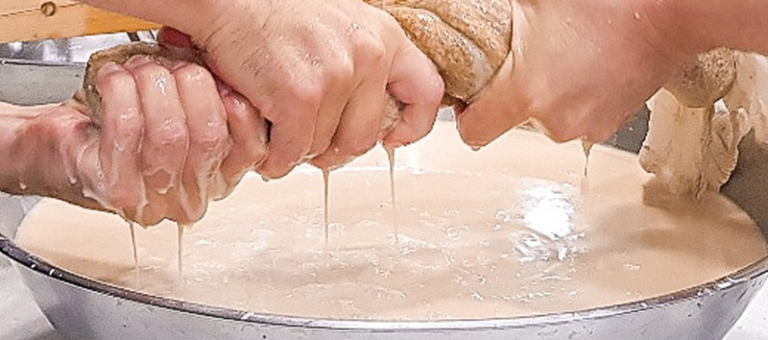 Hands pressing fermented rice mash to extract makgeolli